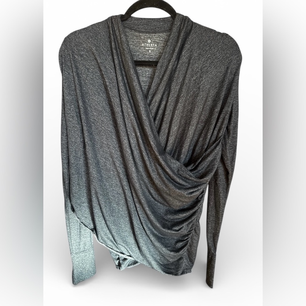 Athleta Odyssey Black Heathered Faux Wrap Athletic Top Small